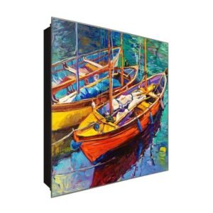  Schlüsselkasten 'Bunte Boote' 30x30 Glas, inkl. Haken Schlüsselbrett Schlüssel-Box Design Aufbewahrung