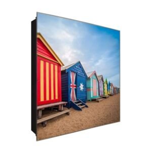  Schlüsselkasten 'Bunte Strandhütten' 30x30 Glas, inkl. Haken Schlüsselbrett Schlüssel-Box Design Aufbewahrung