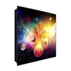  Schlüsselkasten 'Bunter Kosmos' 30x30 Glas, inkl. Haken Schlüsselbrett Schlüssel-Box Design Aufbewahrung