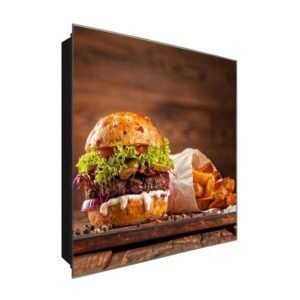  Schlüsselkasten 'Burger & Pommes' 30x30 Glas, inkl. Haken Schlüsselbrett Schlüssel-Box Design Aufbewahrung