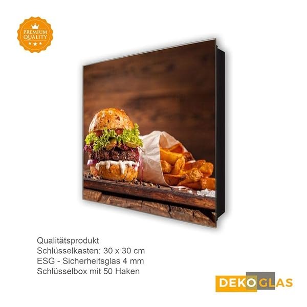 Schlüsselkasten 'Burger & Pommes' 30x30 Glas, inkl. Haken Schlüsselbrett Schlüssel-Box Design Aufbewahrung – Bild 5