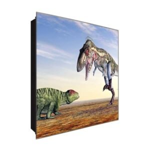  Schlüsselkasten 'Dino Kampf' 30x30 Glas, inkl. Haken Schlüsselbrett Schlüssel-Box Design Aufbewahrung