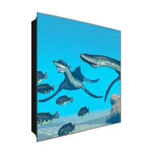  Schlüsselkasten 'Dino aus dem Meer' 30x30 Glas, inkl. Haken Schlüsselbrett Schlüssel-Box Design Aufbewahrung