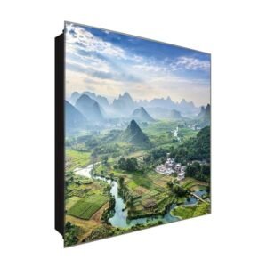  Schlüsselkasten 'Dorf am Berg' 30x30 Glas, inkl. Haken Schlüsselbrett Schlüssel-Box Design Aufbewahrung