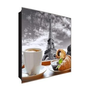  Schlüsselkasten 'Eifelturm Frühstück' 30x30 Glas, inkl. Haken Schlüsselbrett Schlüssel-Box Design Aufbewahrung