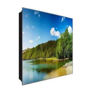  Schlüsselkasten 'Fichten am Wasser' 30x30 Glas, inkl. Haken Schlüsselbrett Schlüssel-Box Design Aufbewahrung