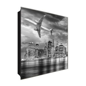  Schlüsselkasten 'Flug nach New York' 30x30 Glas, inkl. Haken Schlüsselbrett Schlüssel-Box Design Aufbewahrung