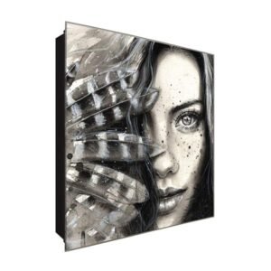  Schlüsselkasten 'Frau mit Federn' 30x30 Glas, inkl. Haken Schlüsselbrett Schlüssel-Box Design Aufbewahrung