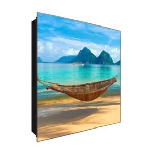  Schlüsselkasten 'Hängematte am Strand' 30x30 Glas, inkl. Haken Schlüsselbrett Schlüssel-Box Design Aufbewahrung