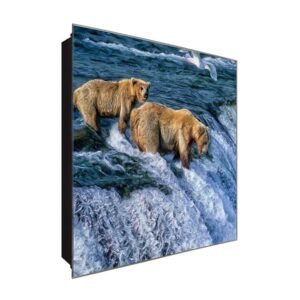  Schlüsselkasten 'Jagender Braunbär' 30x30 Glas, inkl. Haken Schlüsselbrett Schlüssel-Box Design Aufbewahrung