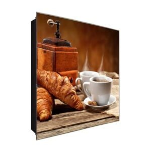  Schlüsselkasten 'Kaffee und Croissant' 30x30 Glas, inkl. Haken Schlüsselbrett Schlüssel-Box Design Aufbewahrung