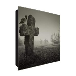  Schlüsselkasten 'Krähe am Friedhof ' 30x30 Glas, inkl. Haken Schlüsselbrett Schlüssel-Box Design Aufbewahrung
