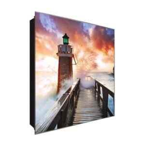  Schlüsselkasten 'Leuchtturm Romanze ' 30x30 Glas, inkl. Haken Schlüsselbrett Schlüssel-Box Design Aufbewahrung