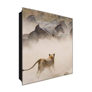  Schlüsselkasten 'Löwen auf der Jagd' 30x30 Glas, inkl. Haken Schlüsselbrett Schlüssel-Box Design Aufbewahrung