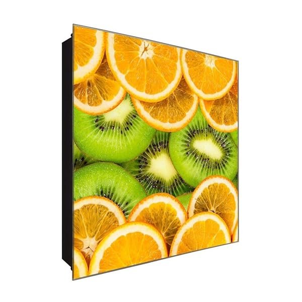 Schlüsselkasten 'Orangen und Kiwis' 30x30 Glas, inkl. Haken Schlüsselbrett Schlüssel-Box Design Aufbewahrung