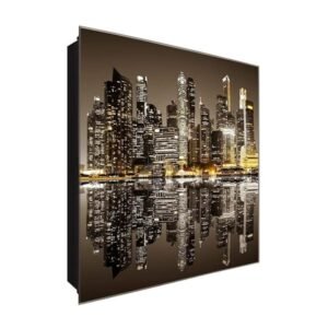  Schlüsselkasten 'Singapur Skyline' 30x30 Glas, inkl. Haken Schlüsselbrett Schlüssel-Box Design Aufbewahrung
