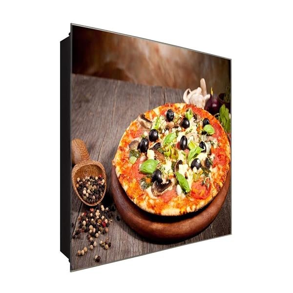 Schlüsselkasten 'Spicy Pizza' 30x30 Glas, inkl. Haken Schlüsselbrett Schlüssel-Box Design Aufbewahrung