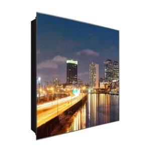  Schlüsselkasten 'Stadt Nachtansciht' 30x30 Glas, inkl. Haken Schlüsselbrett Schlüssel-Box Design Aufbewahrung