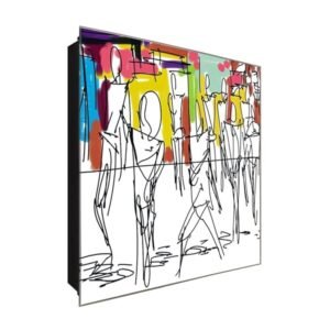  Schlüsselkasten 'Strichmännchen Bunt' 30x30 Glas, inkl. Haken Schlüsselbrett Schlüssel-Box Design Aufbewahrung