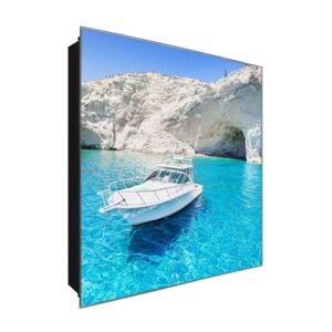  Schlüsselkasten 'Yacht am Meer' 30x30 Glas, inkl. Haken Schlüsselbrett Schlüssel-Box Design Aufbewahrung