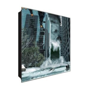  Schlüsselkasten 'Zerstörte Stadt ' 30x30 Glas, inkl. Haken Schlüsselbrett Schlüssel-Box Design Aufbewahrung